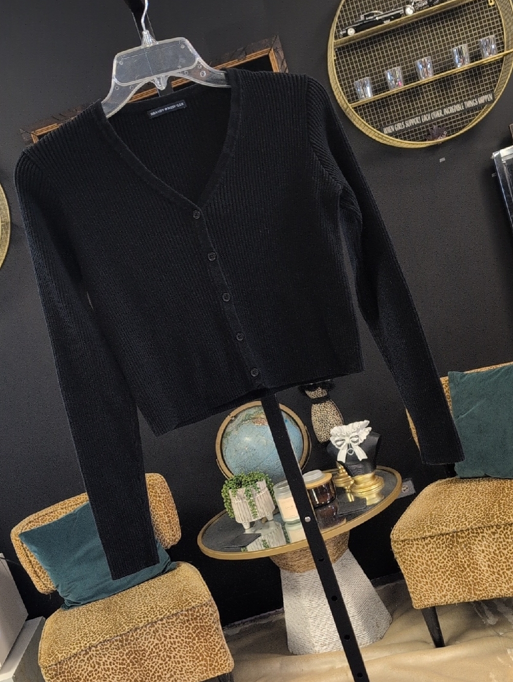Brandy Melville Black Ribbed V-Neck Button Cardigan